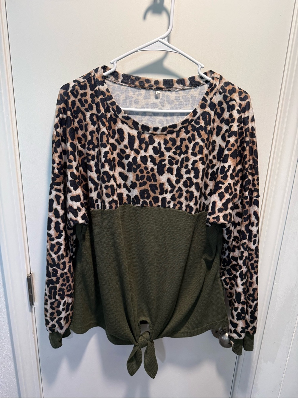 Leopard Print and Olive Tie-Hem Long Sleeve Top
